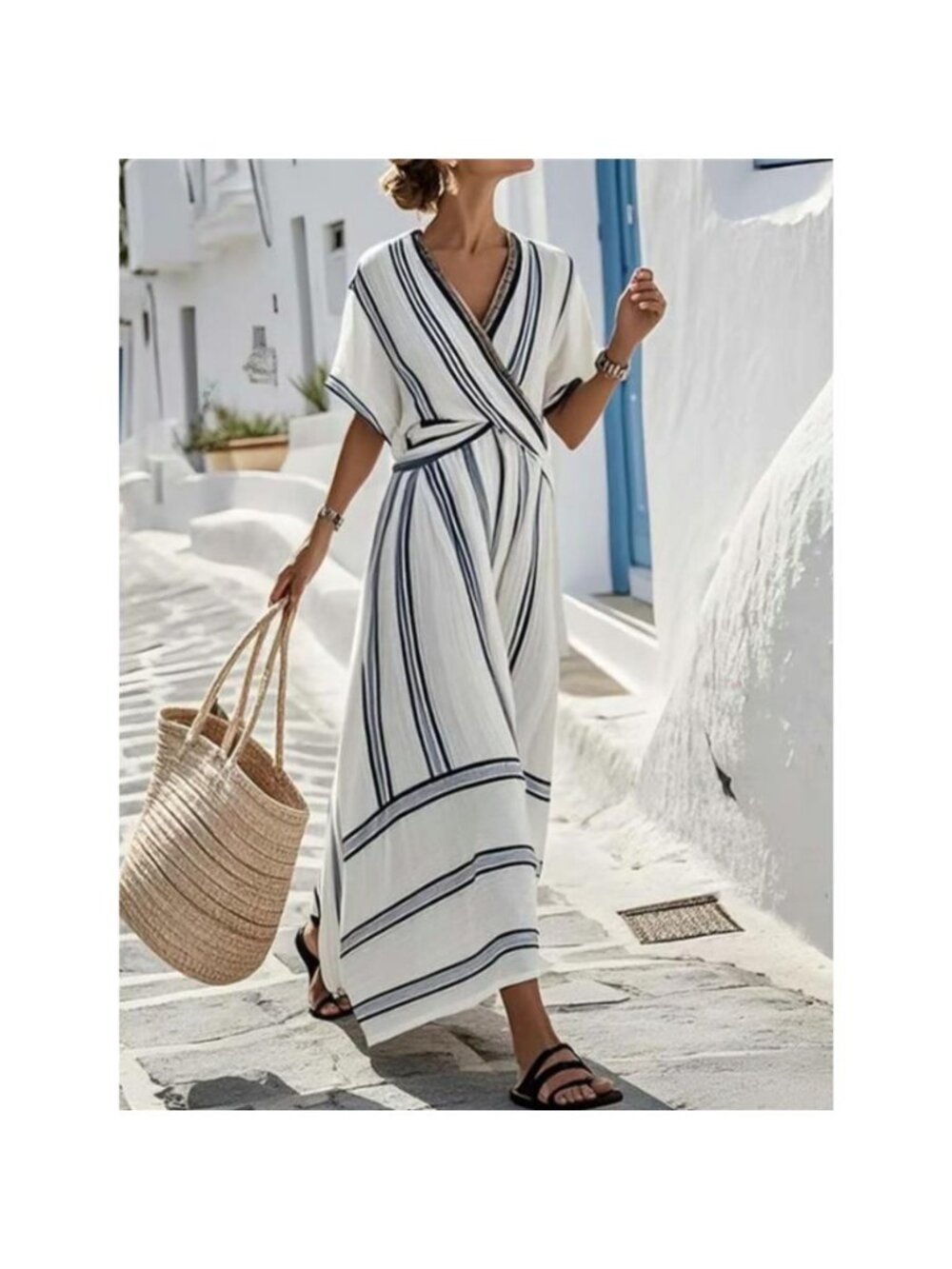 Full Size Striped Surplice Half Sleeve Midi Dress Plus Size